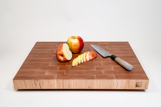 XXL end grain cutting board maple sliced red apple knife