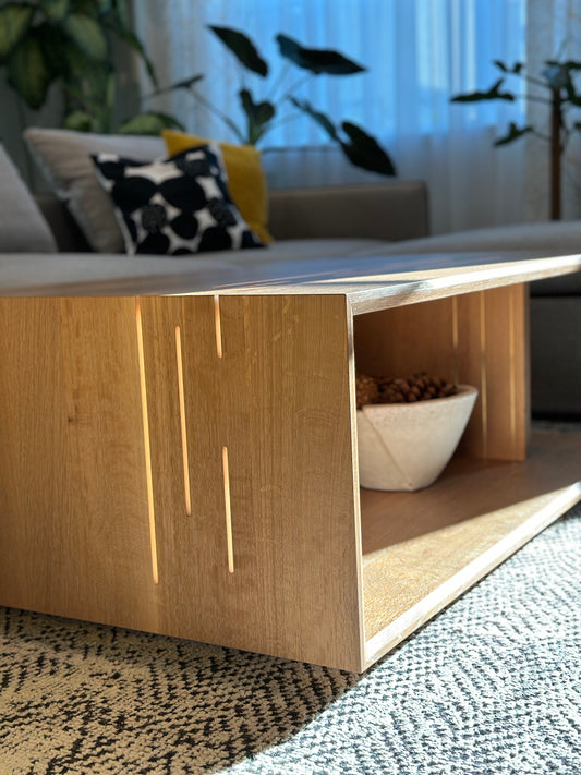 Solana white oak coffee table, contemporary design, smart LED lights