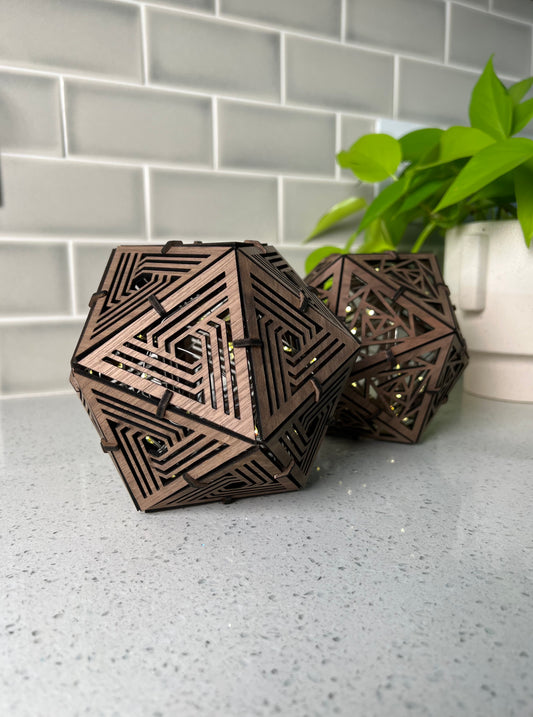 two laser printed walnut lamps geometrical pattern neon pothos plant kitchen countertop