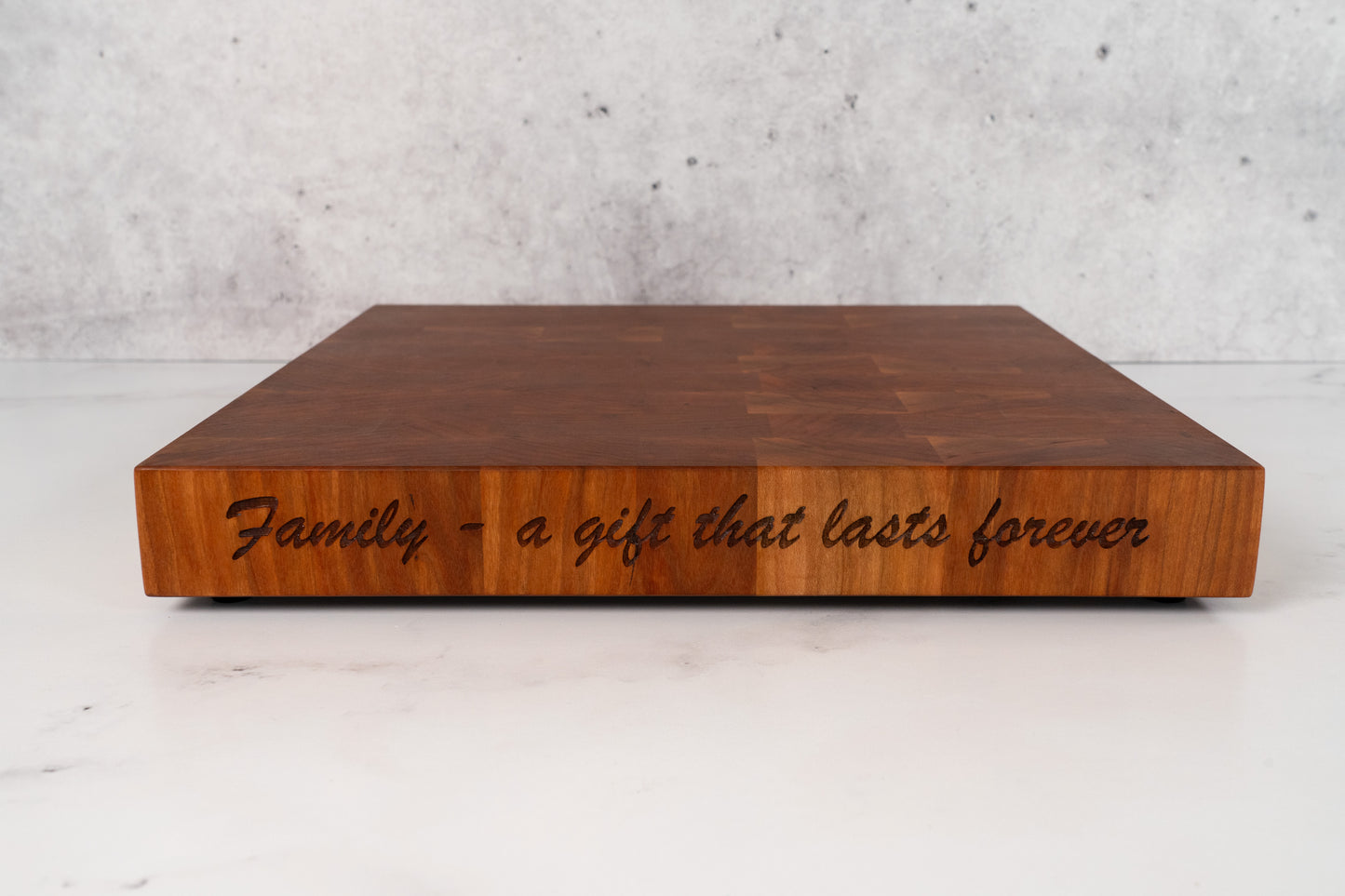 Personalized cherry cutting board end grain, square cheese plate, laser engraved message on the side
