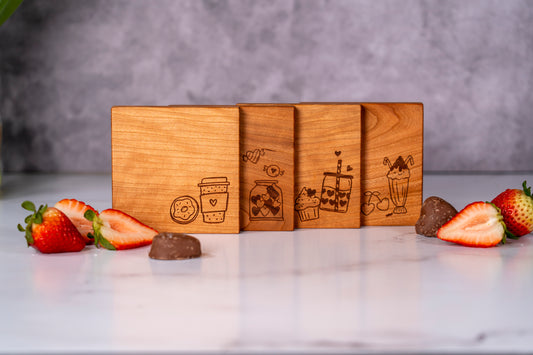 Cherry wood coasters, natural wooden coasters set of 4, square coasters set, coasters with cute heart themed engraving on the face, coffee lover gift, fresh strawberries and chocolate