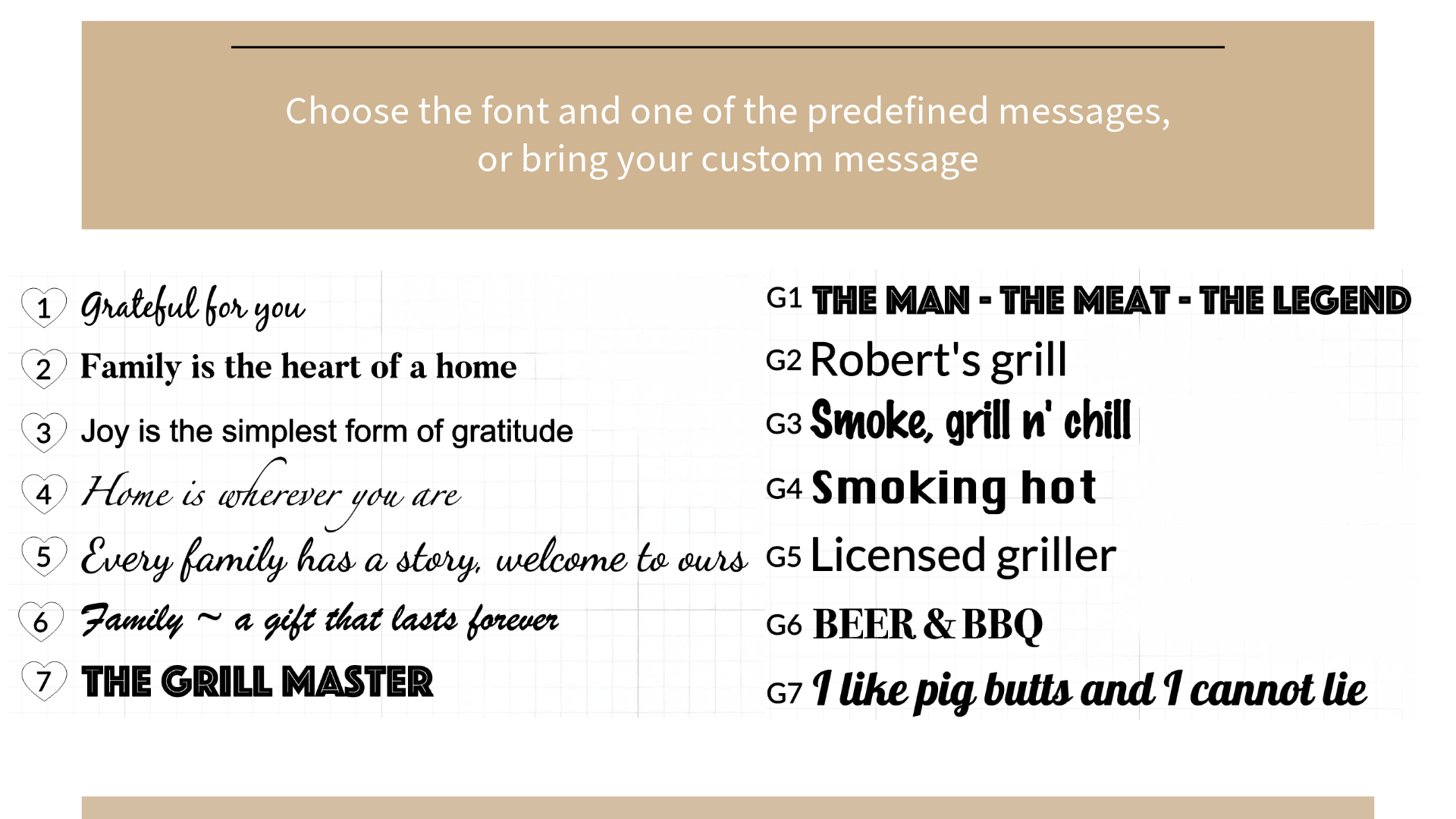 Personalized end grain cutting board with laser engraved message, funny predefined messages for grill enthusiasts and family