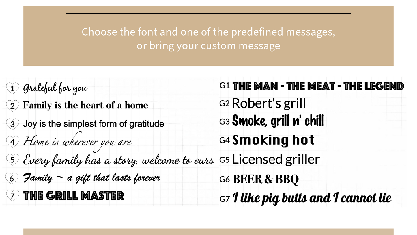 Variety of cutting board personalization options with custom engraving provided by Square Root Studio, personalized gift for family, personalized gift for mother's day, custom cutting board with engraved message, gift for grill master friend, gift for Thanksgiving hostess