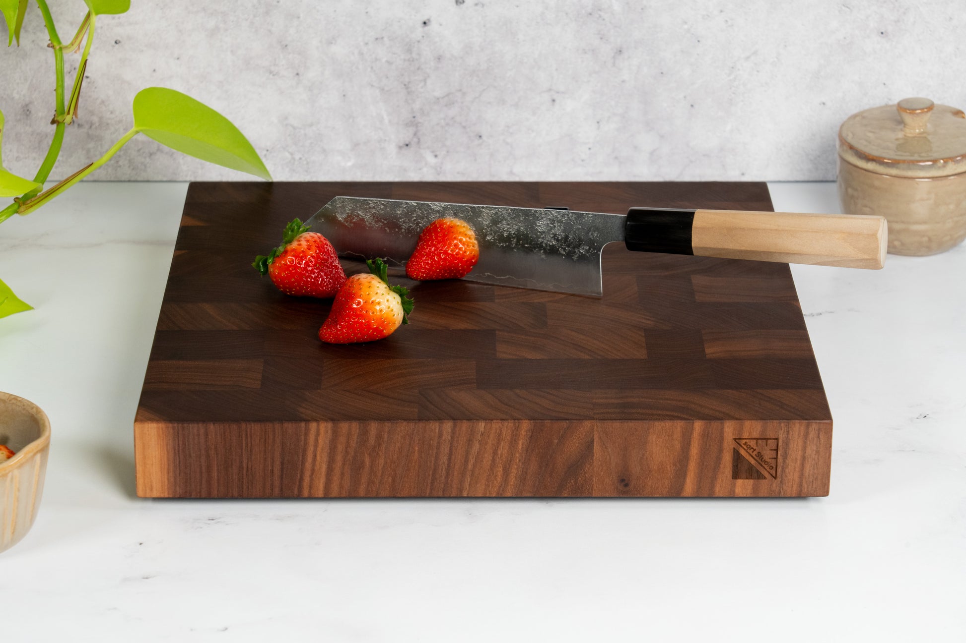 Walnut square cutting board, walnut butcher block, walnut end grain square board, red strawberries