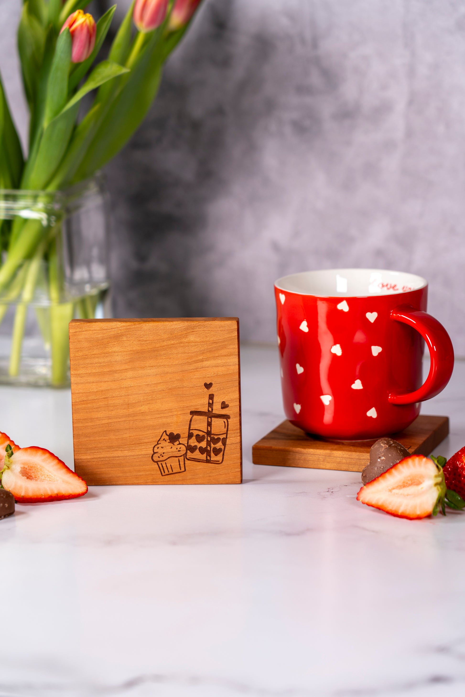 Cherry wood coaster, square 4x4 coasters set, cute engraving for lover, gift for girlfriend, gift for boyfriend, large coffee mug sitting on a wooden coaster, red coffee mug with many hearts, tulips in a transparent vase, fresh strawberries 