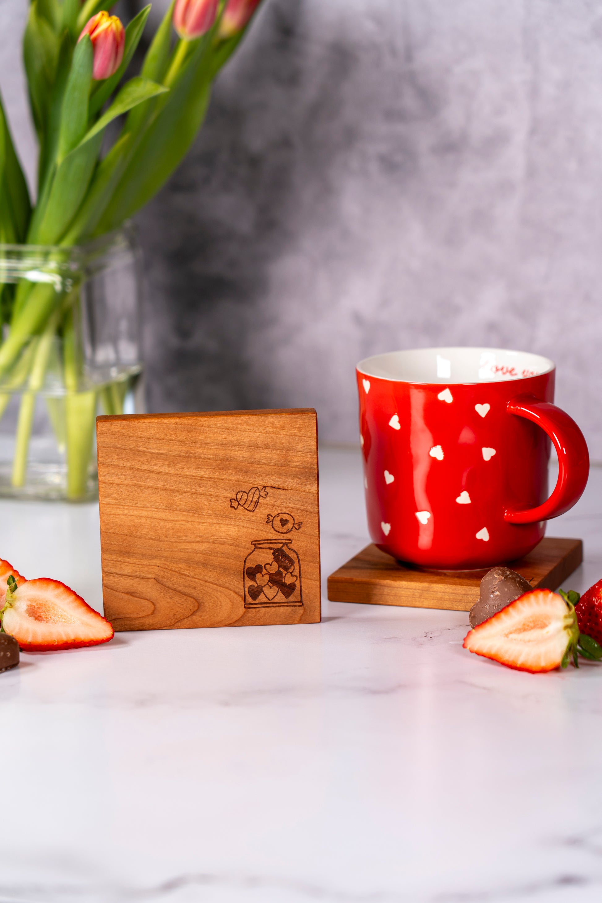 A jar of love, a jar full of hearts, cute laser engraving, unique coasters set square 4x4 inches, handcrafted wooden coasters made by Square Root Studio in San Jose, made in USA gift, cherry wood coasters set for wife, gift for mother